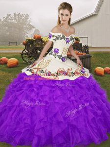 Suitable Purple Lace Up 15th Birthday Dress Embroidery and Ruffles Sleeveless Floor Length