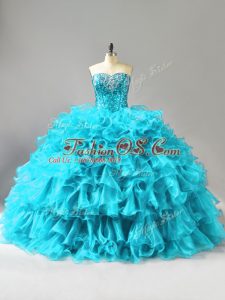 Most Popular Ball Gowns Quince Ball Gowns Aqua Blue Sweetheart Organza Sleeveless Floor Length Lace Up