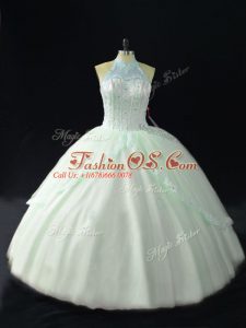 Apple Green Quinceanera Gown Sweet 16 and Quinceanera with Beading Halter Top Sleeveless Lace Up