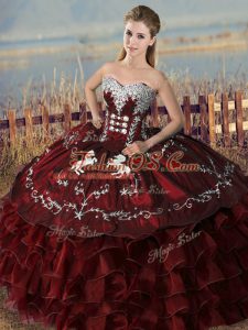 Burgundy Sweetheart Lace Up Embroidery and Ruffles Ball Gown Prom Dress Sleeveless