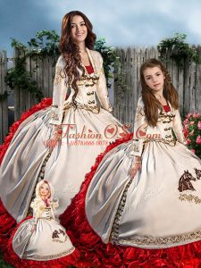 Simple Floor Length Lace Up Quinceanera Dress White And Red for Sweet 16 and Quinceanera with Embroidery