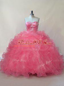 Custom Made Coral Red Sleeveless Organza Lace Up Quinceanera Dress for Sweet 16 and Quinceanera