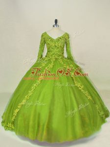 Dramatic Olive Green Ball Gowns Tulle V-neck Long Sleeves Lace and Appliques Side Zipper Quince Ball Gowns