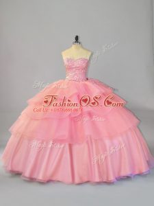 Watermelon Red Sleeveless Organza Brush Train Lace Up Quince Ball Gowns for Sweet 16 and Quinceanera