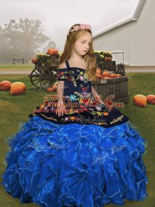 Nice Blue Lace Up Straps Embroidery and Ruffles Kids Formal Wear Organza Sleeveless
