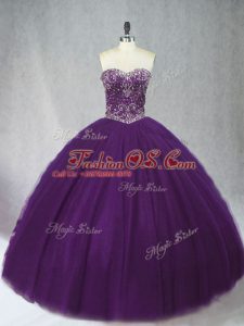 Simple Purple Lace Up Sweetheart Beading Quinceanera Dress Tulle Sleeveless