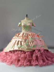 Modern Pink Ball Gowns Embroidery and Ruffles Quinceanera Dress Lace Up Organza Sleeveless Floor Length