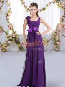 Sleeveless Chiffon Floor Length Zipper Bridesmaid Dresses in Purple with Belt and Hand Made Flower