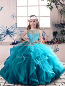 Tulle Scoop Sleeveless Lace Up Beading and Ruffles Little Girl Pageant Dress in Blue