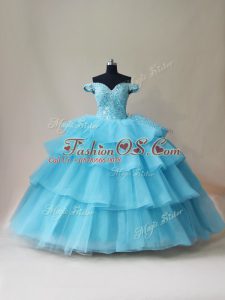 Sexy Aqua Blue Lace Up Off The Shoulder Beading and Ruffled Layers Quince Ball Gowns Organza and Tulle Sleeveless
