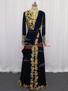 Best Selling Scoop Long Sleeves Prom Dresses Floor Length Lace and Appliques Navy Blue Chiffon