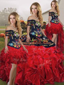 Traditional Ball Gowns 15 Quinceanera Dress Red And Black Off The Shoulder Organza Sleeveless Floor Length Lace Up