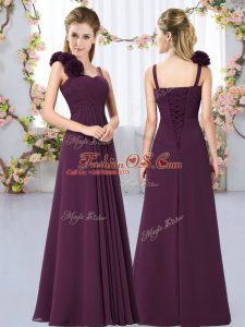 Fantastic Dark Purple Chiffon Lace Up Straps Sleeveless Floor Length Wedding Party Dress Hand Made Flower