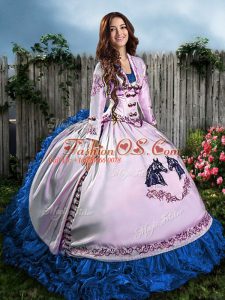 Pretty Blue And White Satin Lace Up Sweet 16 Dress Sleeveless Floor Length Embroidery and Ruffles