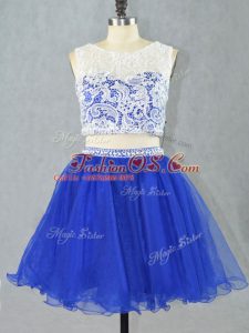 Delicate Royal Blue Organza Zipper Scoop Sleeveless Mini Length Cocktail Dress Lace and Appliques