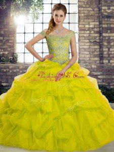 Off The Shoulder Sleeveless Tulle Quinceanera Dresses Beading and Pick Ups Brush Train Lace Up