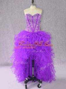 Modern Purple Organza Lace Up Sweetheart Sleeveless High Low Cocktail Dresses Beading and Ruffles