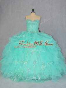 Hot Sale Sweetheart Sleeveless Ball Gown Prom Dress Floor Length Beading and Ruffles Apple Green Organza