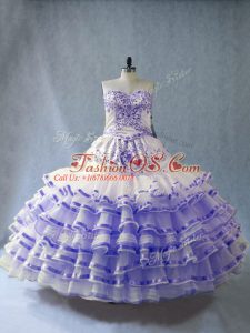 Lavender Organza Lace Up Quinceanera Gown Sleeveless Floor Length Embroidery and Ruffled Layers