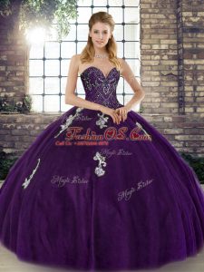 Beauteous Purple Tulle Lace Up Sweetheart Sleeveless Floor Length Sweet 16 Quinceanera Dress Beading and Appliques