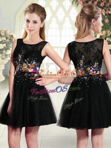 Fine Black Tulle Side Zipper Prom Dresses Sleeveless Mini Length Beading and Embroidery