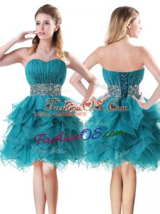 Mini Length Teal Dress for Prom Sweetheart Sleeveless Lace Up