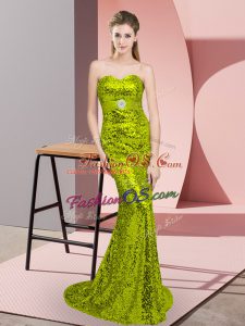 Apple Green Sleeveless Sequined Sweep Train Lace Up Prom Dresses for Prom and Party and Military Ball