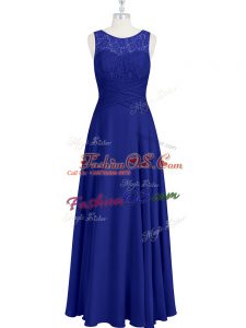 Royal Blue Empire Lace and Pleated Dress for Prom Zipper Chiffon Sleeveless Floor Length