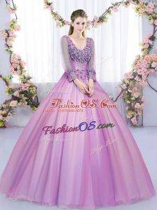Best V-neck Long Sleeves Sweet 16 Quinceanera Dress Floor Length Lace and Appliques Lilac Tulle