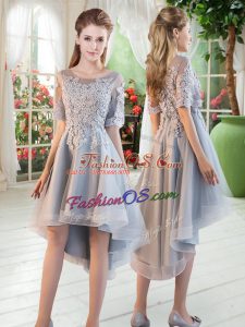 Beauteous Scoop Half Sleeves Lace Up Grey Tulle