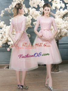 Tea Length A-line Half Sleeves Pink Prom Dress Zipper