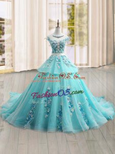 Eye-catching Scoop Cap Sleeves Tulle Quinceanera Dress Appliques Brush Train Lace Up