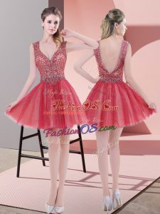 Watermelon Red A-line V-neck Sleeveless Tulle Mini Length Backless Beading Prom Dress