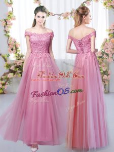 Designer Pink Sleeveless Floor Length Lace Lace Up Dama Dress for Quinceanera