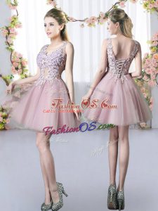 Most Popular V-neck Sleeveless Court Dresses for Sweet 16 Mini Length Appliques Pink Tulle