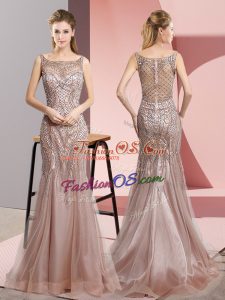 Pink Tulle Zipper Dress for Prom Sleeveless Floor Length Beading