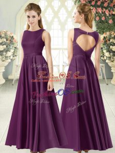 Purple Empire Ruching Prom Evening Gown Backless Satin Sleeveless Floor Length