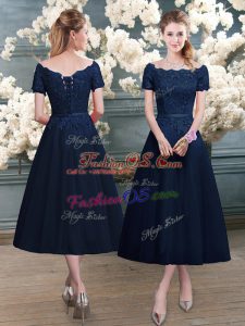 Luxury Navy Blue A-line Lace Prom Dresses Zipper Short Sleeves Tea Length