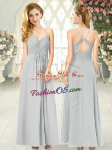 Beautiful Grey Sleeveless Ruching Ankle Length Prom Dress