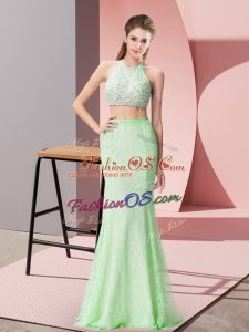 Fashionable Apple Green Prom Gown Prom and Party and Military Ball with Beading and Lace Halter Top Sleeveless Backless
