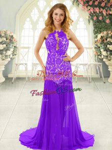 Beauteous Lavender Chiffon Backless Dress for Prom Sleeveless Brush Train Lace