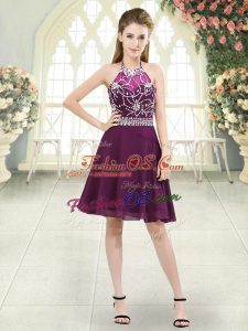 Superior Sleeveless Chiffon Knee Length Zipper Prom Evening Gown in Purple with Beading