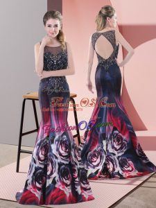Multi-color Printed Backless Dress for Prom Sleeveless Sweep Train Beading