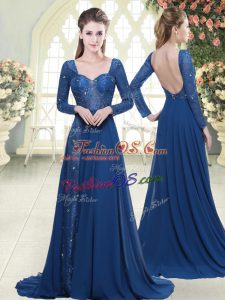 Affordable Blue Zipper Sweetheart Beading and Lace Prom Dresses Chiffon Long Sleeves Sweep Train