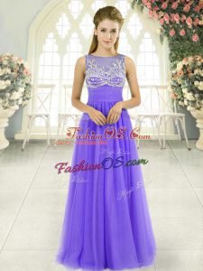 Elegant Lavender Tulle Side Zipper Scoop Sleeveless Floor Length Prom Gown Beading