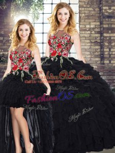 Black Zipper Quince Ball Gowns Embroidery and Ruffles Sleeveless Floor Length