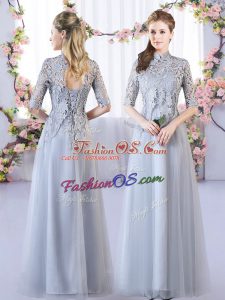 Flirting High-neck Half Sleeves Bridesmaid Dresses Floor Length Lace Grey Tulle
