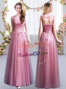 Fabulous Scoop Sleeveless Lace Up Damas Dress Pink Tulle