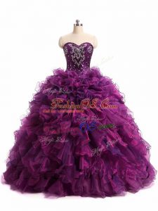 Flare Purple Organza Lace Up Sweet 16 Quinceanera Dress Sleeveless Floor Length Beading and Ruffles