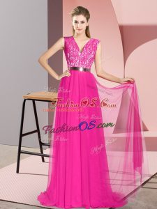 Empire Sleeveless Fuchsia Dress for Prom Sweep Train Zipper
